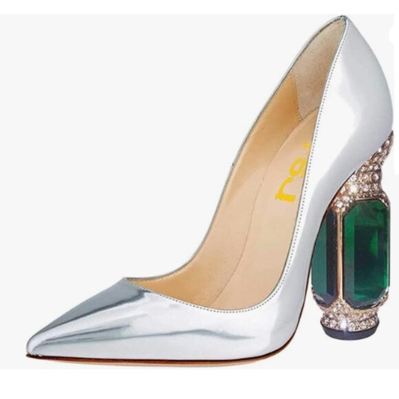 FSJ Silver Bridal Pointed Toe High Heel Crystal Pumps Slip on Wedding Shoes - Picture 1 of 8